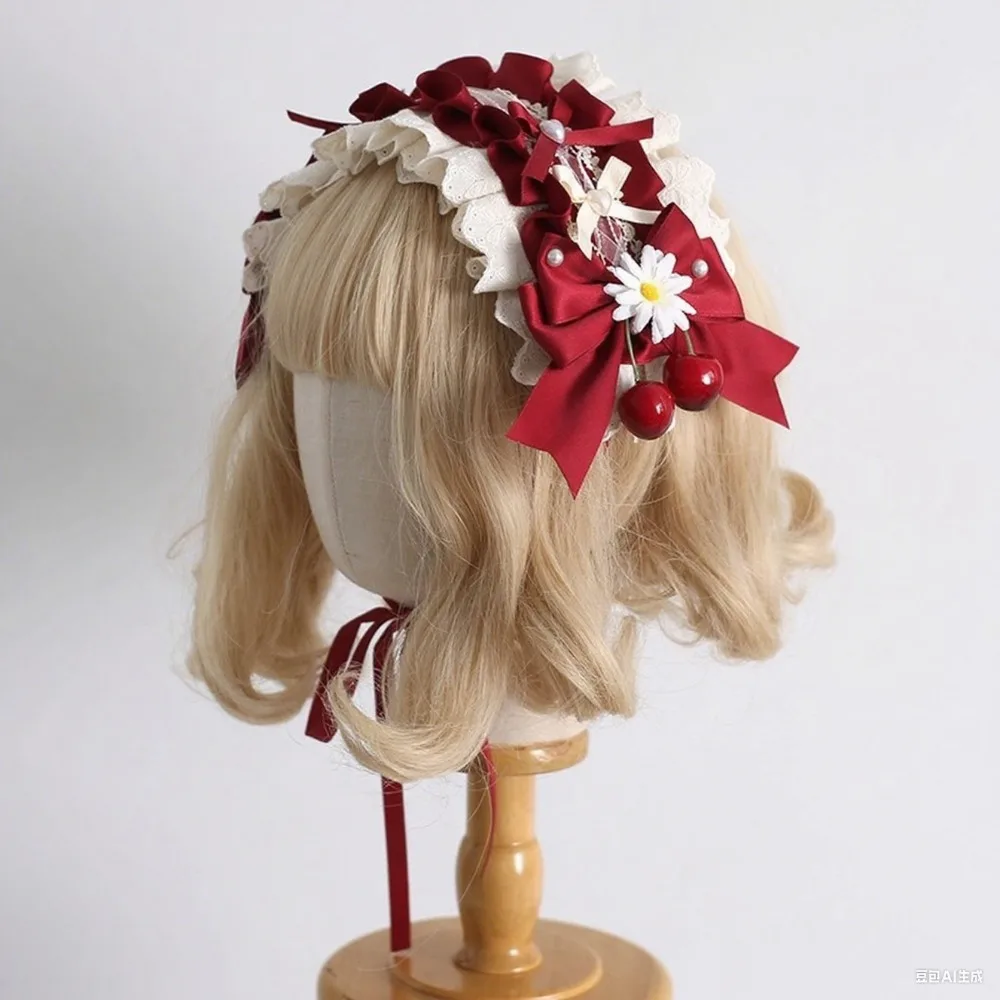 لوليتا الحلو تكدرت الدانتيل الانحناء أشرطة قبعات من القش الفتيات لطيف الكرز إكسسوارات الشعر النساء الفيكتوري الشاي حفلة أنيقة Headbands