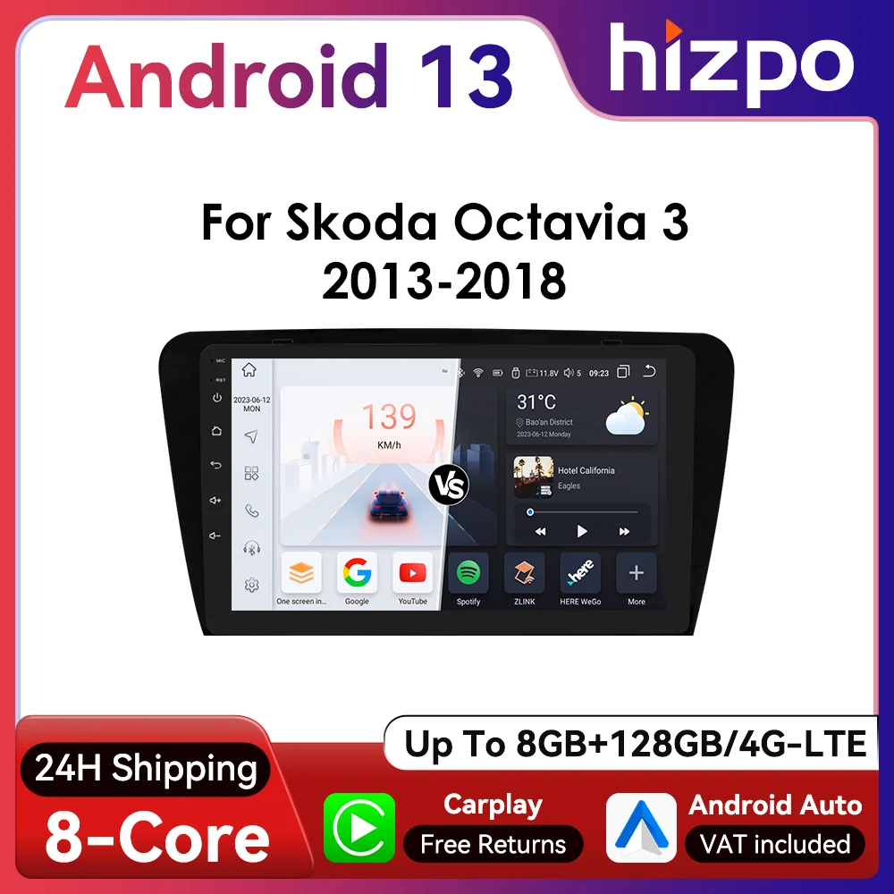 Hizpo 2Din 10.1inch Wirless CarPlay Android Auto Car Radio for Skoda Octavia 3 A7 2013 - 2018 BT 4G GPS Navigation RDS DSP SWC