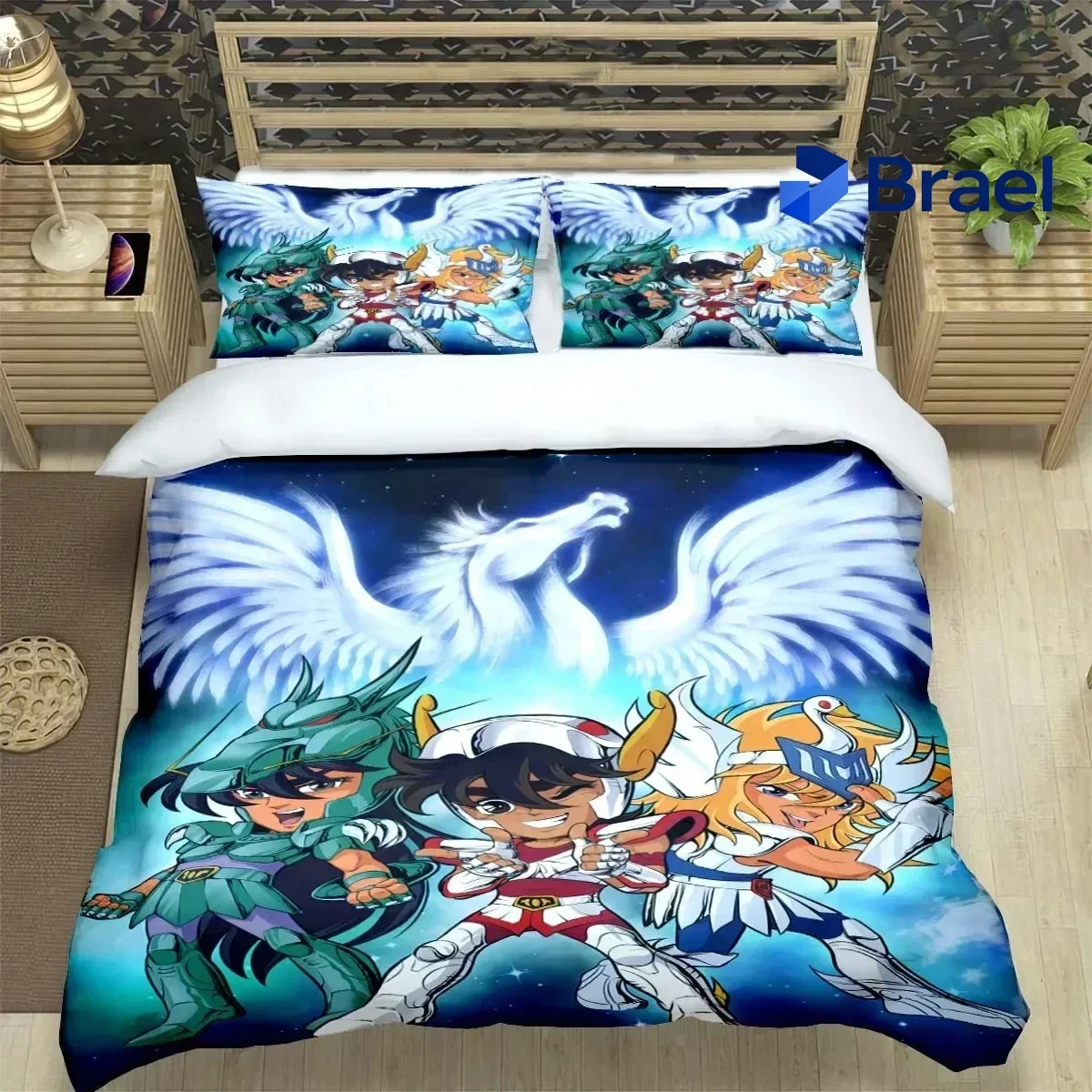 Exquisite Saint Seiya 3D Bedding Set Black Duvet Quilt Cover Set Comforter Cover Pillowcase King Queen Size Polyester Quilt Cove