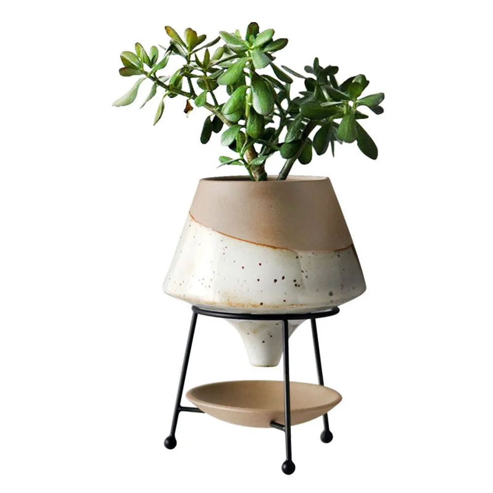 Abstract Irregular Ceramic Vase Retro European Style With Metal Holder Succulent Pot Tabletop Home Living Room Ornament