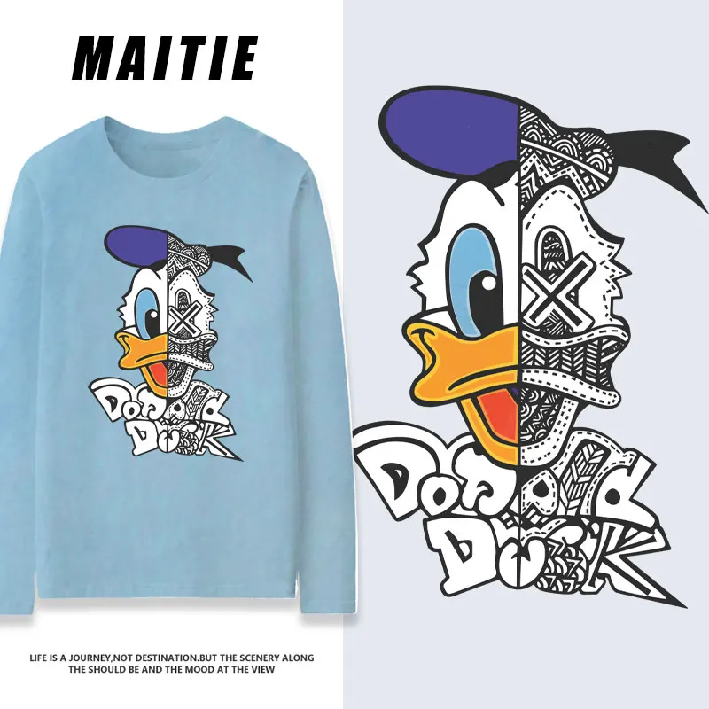 2023 Autumn New Disney Donald Duck Co branded Long sleeved T-shirt Women's Pure Cotton Thin Loose Bottom Shirt Clothes