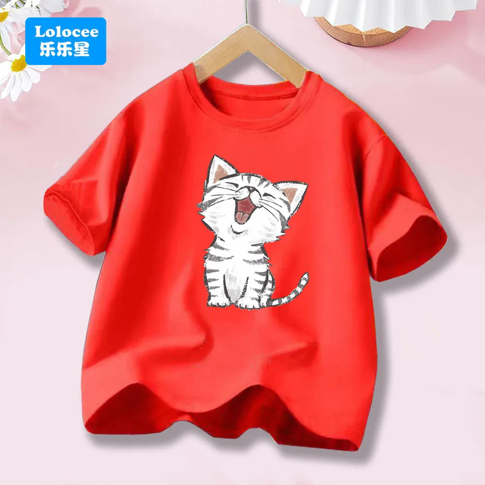 الكرتون لطيف الحيوانات الأليفة المطبوعة موضة نمط تي شيرت عادية قصيرة الأكمام تي شيرت لطيف القط الصيف نمط بلايز المحملة MBM1