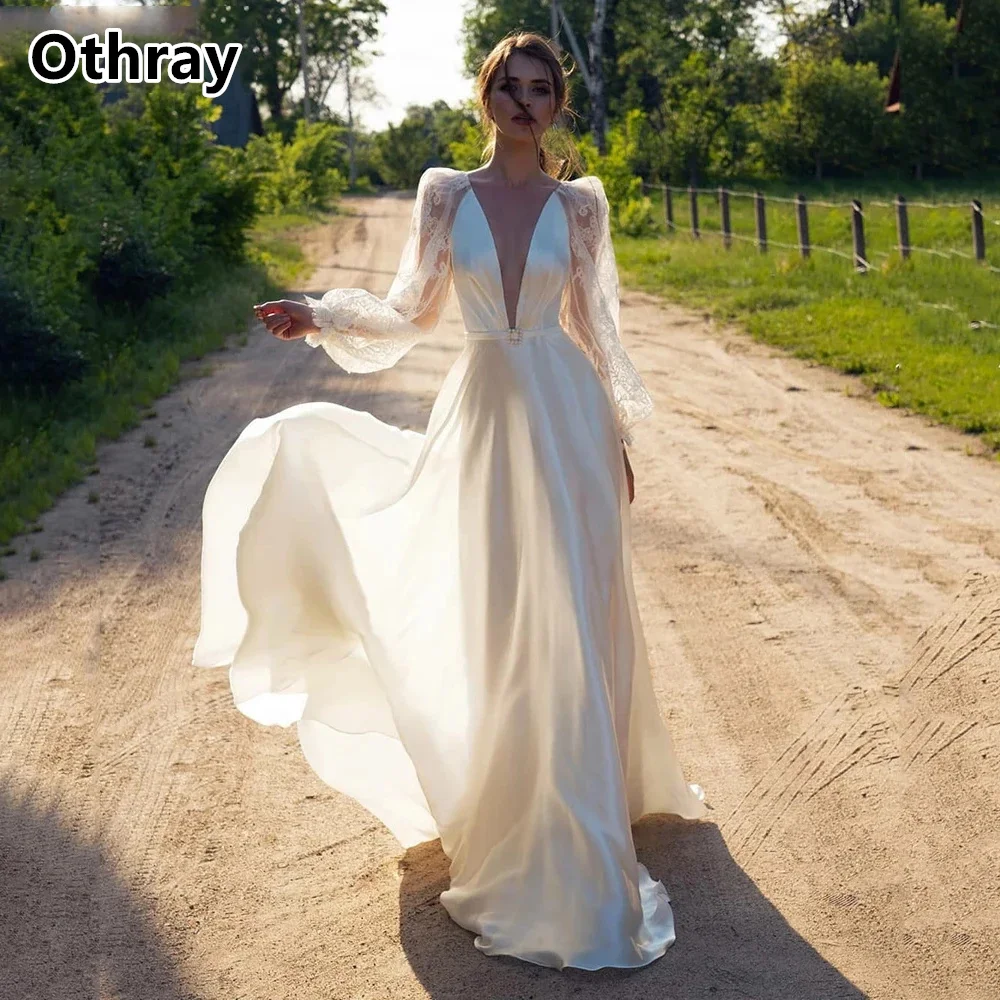 Othray Elegant Lace Wedding Dresses A Line Key Hole Backless Deep V Neck Puff Long Sleeves Bridal Gowns Vestidos De Novia