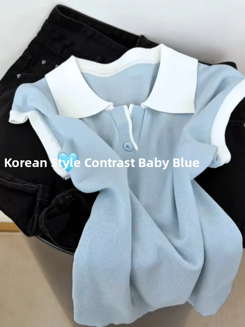 

Summer Style Self-Preserved Knitted Shirt Women's Sleeveless Collared Top Color Block Button Design Age-Defying Versatile