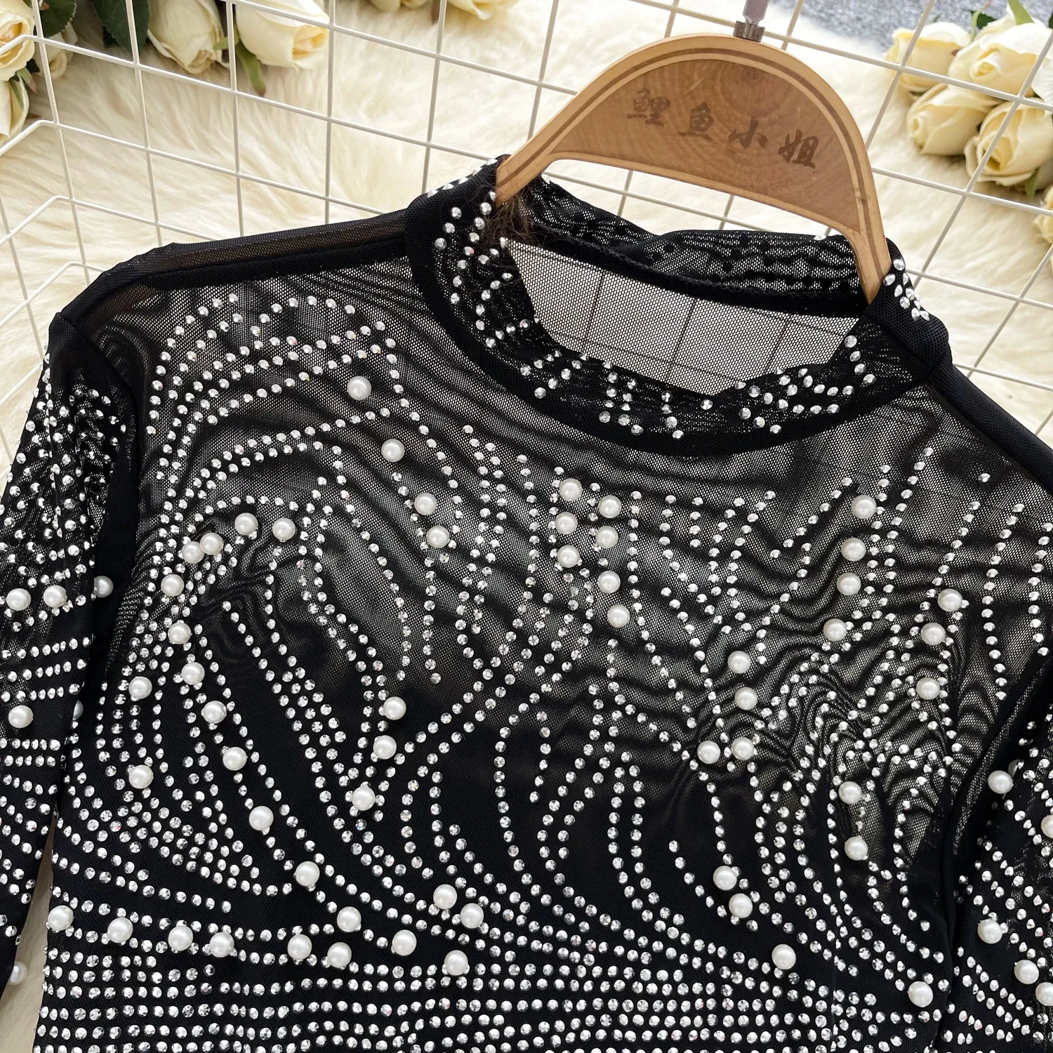 Basics Long Sleeves Stand Collar Vintage Rhinestone Mesh Slim Hotsweet Top Streetwear Fashion High Street Spring Autumn T-Shirts