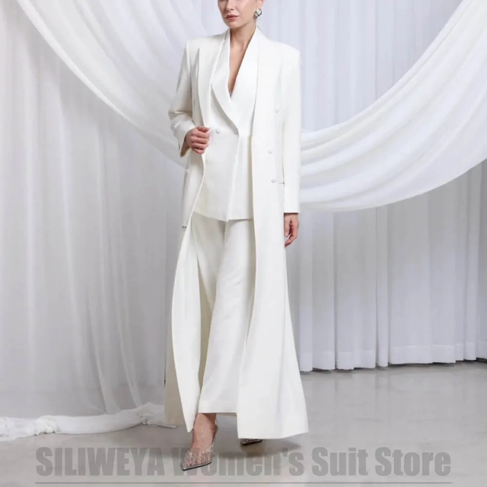 White Women's Three Piece Suit Double Breasted Blazer Vest and Wide Leg Pants Elegant Formal Wedding Party Daily Casual Suits