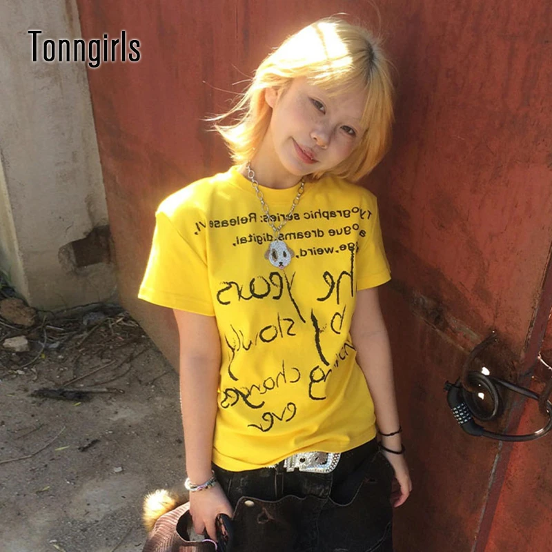 Tonngirls Vintage Print Letter T-shirt Women Short Sleeve Slim Y2k Japanese Tee Tops Streetwear 2000s Aesthetic Grunge Tops