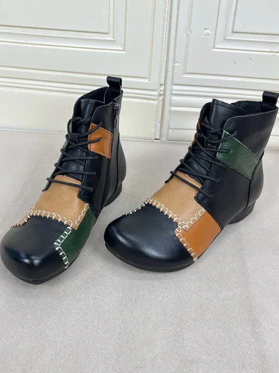 

Модные женские ботильоны из натуральной кожи с круглым носком, цветными вставками, на толстом каблуке, с боковой молнией, зимние теплые ботинки