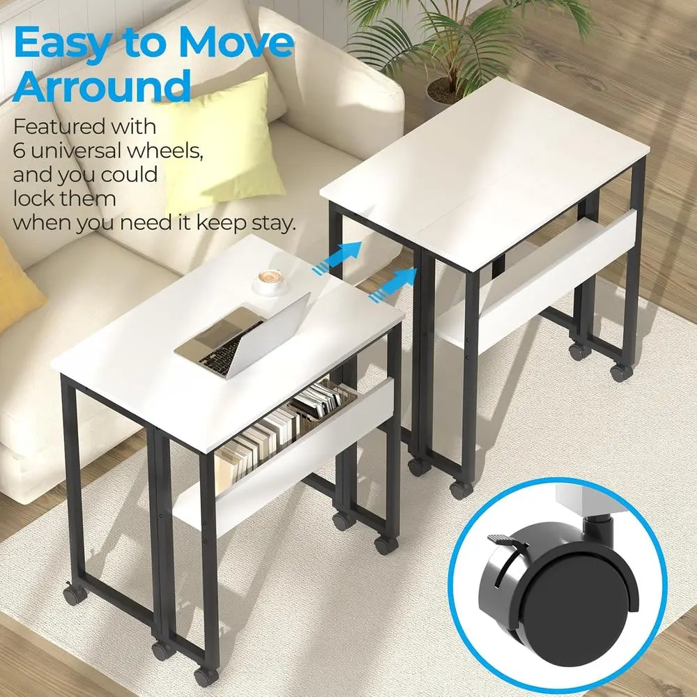 Compact Rolling Desk with Storage, 24.8 White Foldable Computer Desk for Small Spaces, Easy Assembly