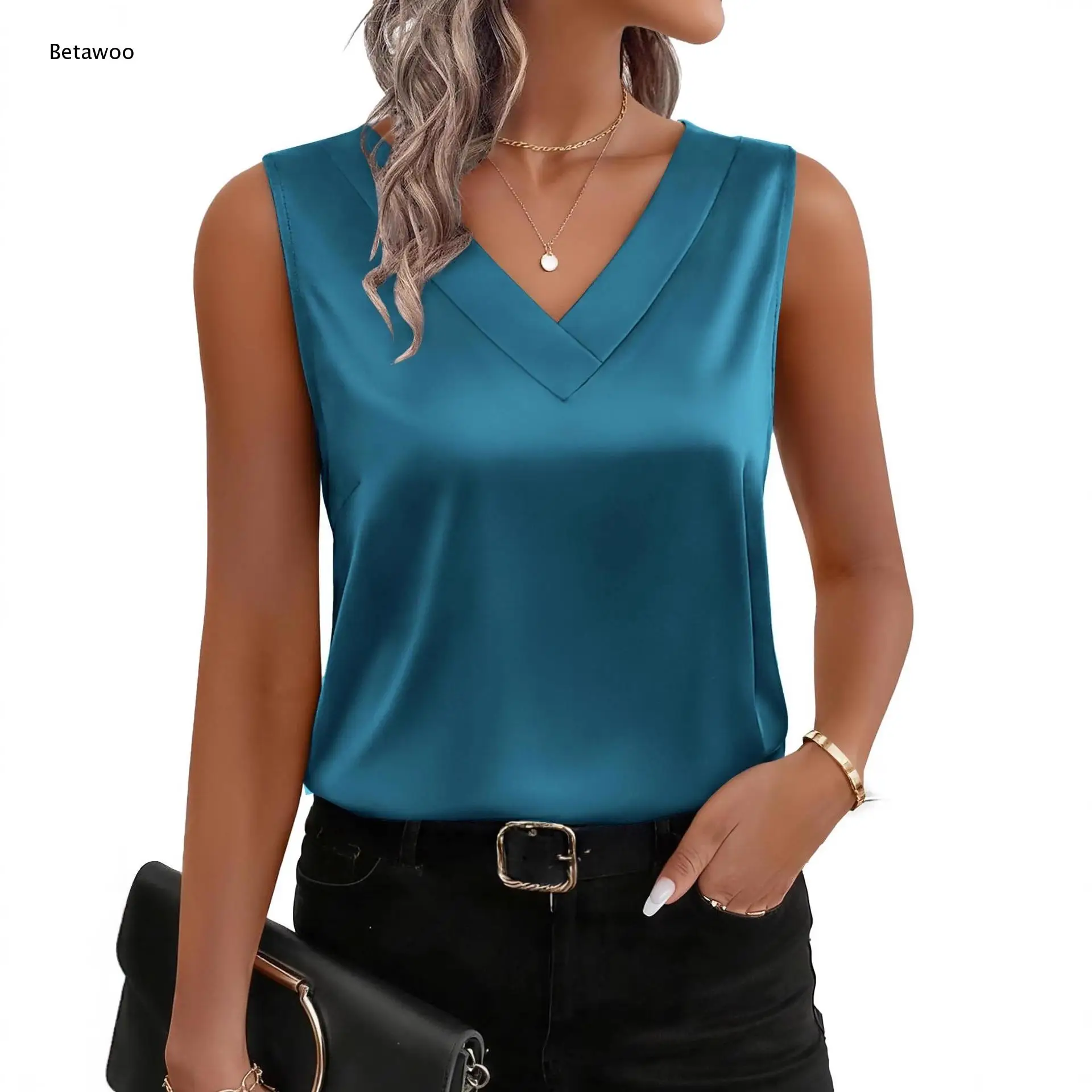 Women V Neck Sleeveless Tank Shirt Relaxed Fit Top Basic Elegant Blouse Suitable for Work Occasions and Casual Daily Wear