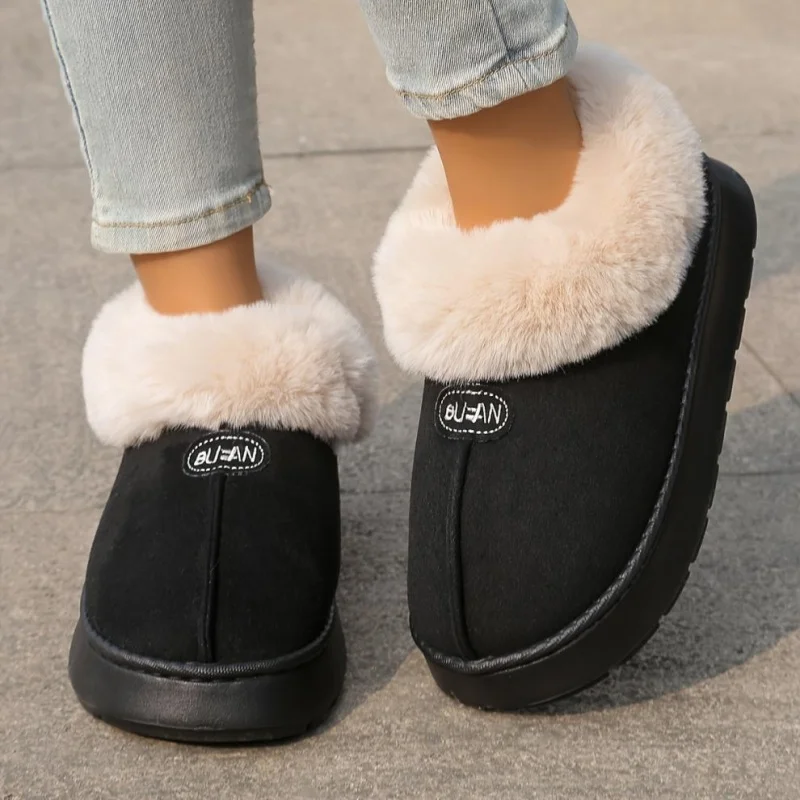 

Winter Cozy Plush-Lined Platform Slippers Women Indoor Home Soft Slides Couples Outdoor Warm Slip on Sandals Adults Plush Shoes