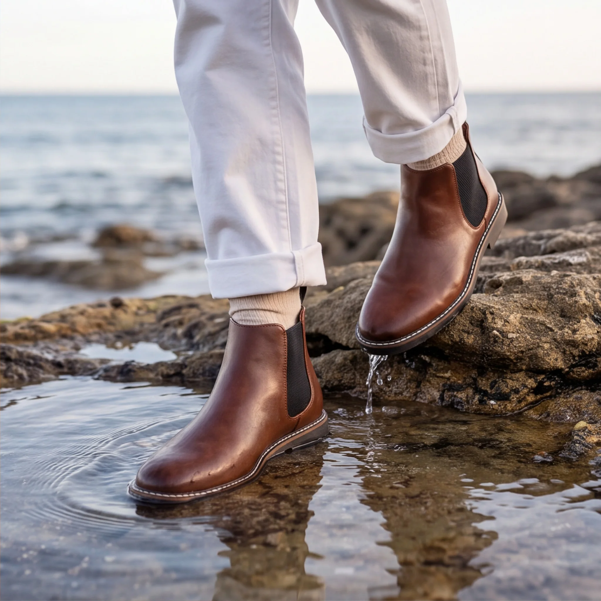 Chelsea-Stiefel für Herren, warmes Braun-Finish, Herrenstiefel mit elastischen Seiten, genähter Sohlenkante, knöchelhoch. – Detail 4