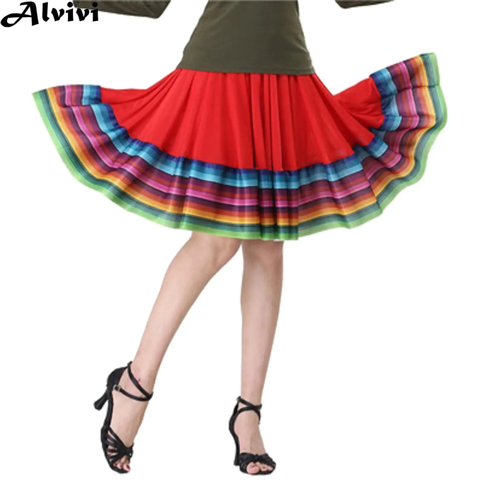 

Women Flamenco Ballroom Folk Dance Skirt Stripe Hem Elastic Waistband Dancewear Halloween Festival Party Performance Clothes