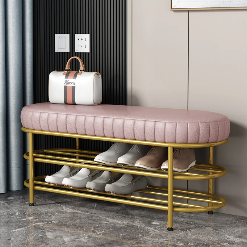 2 Layer Shoes Bench Rack Home Entry Shoe Organizer Household Soft Technology Cloth Seat Gold Cabinet Metal Storage  Stool