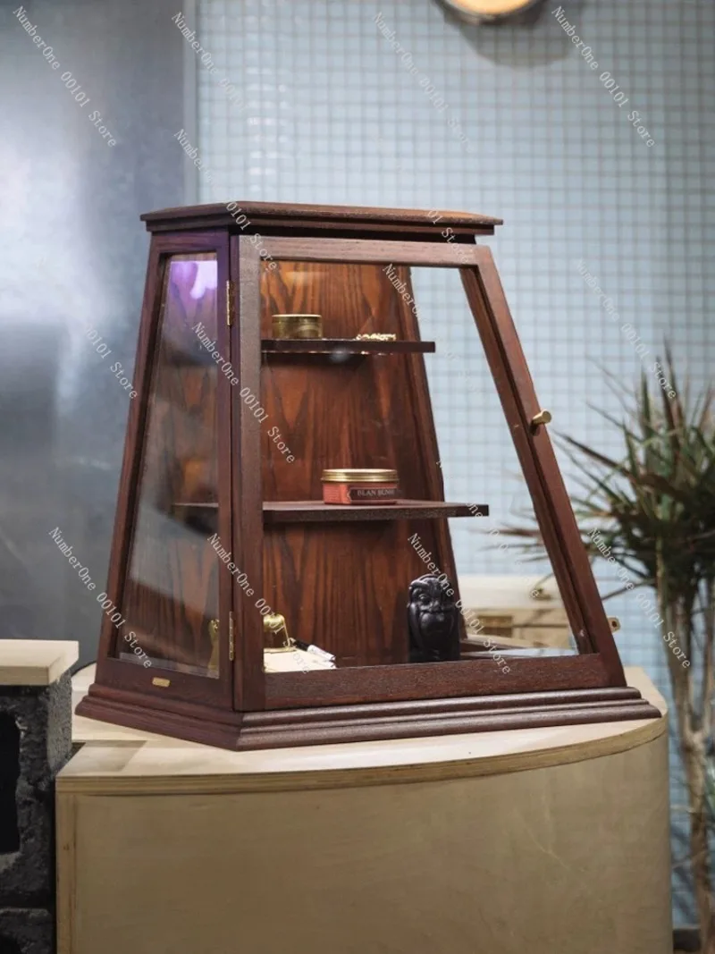 Vintage Ash Wood Mortise Tenon Trapezoid Display Cabinet Retro Glass Curio Showcase Solid Wood Storage Cupboard Museum
