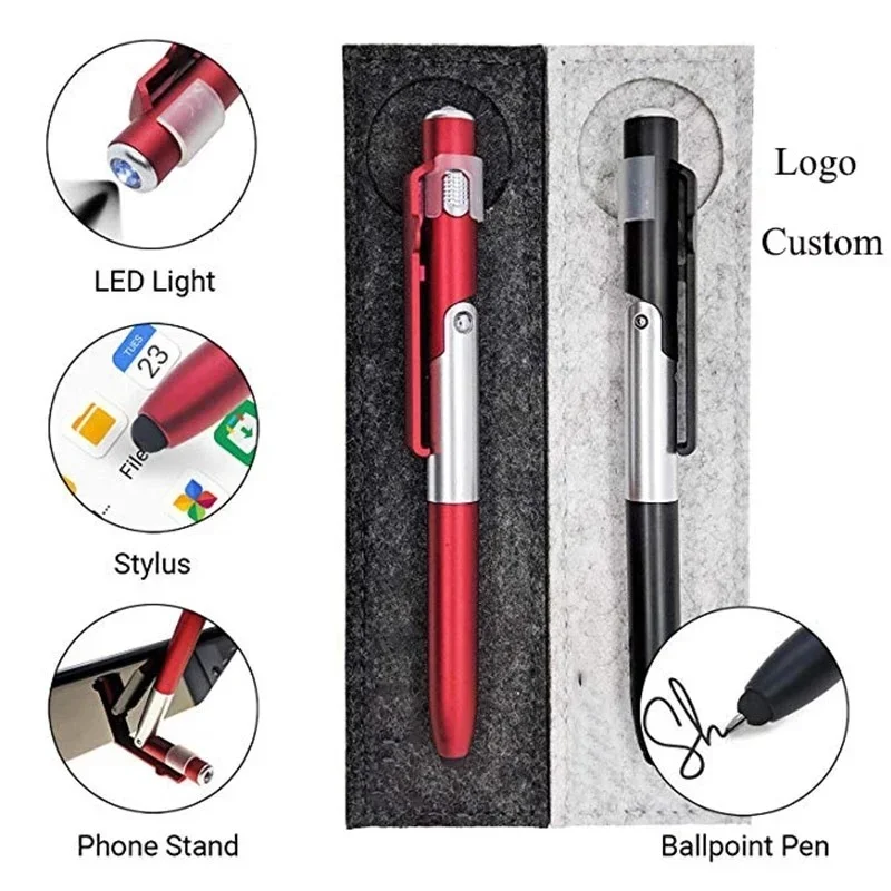 4 In 1 Metal Stylus Multi-Function Capacitive Pen / with LED Flashlight+ Phone Holder+ Capacitive Stylus+Ballpoint Pens