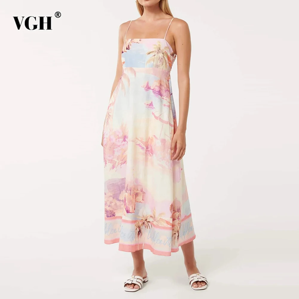 

VGH Vacation Beach Style Printed Maxi Dress for Women Square Collar Sleeveless High Wasit Patchwork Elastic Folds Dresses Female