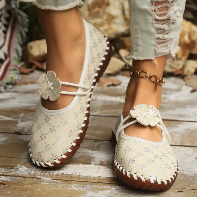 

Женские туфли с мягкой подошвой, осенние универсальные удобные повседневные туфли с круглым носком, кожаные лоферы с принтом больших размеров