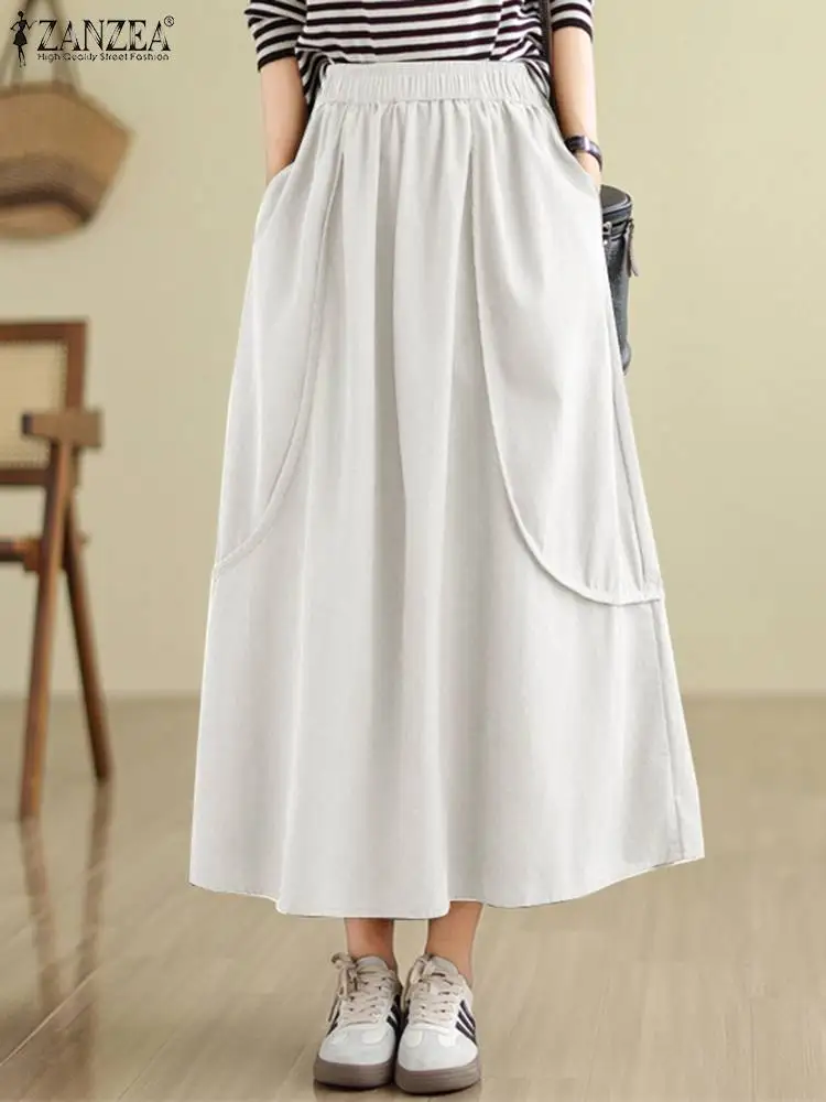 ZANZEA Women Long Skirt Vintage Umbrella Elastic Waist Maxi Skirts 2024 Fashion Pleated Jupes Casual Loose Pocket Holiday Faldas