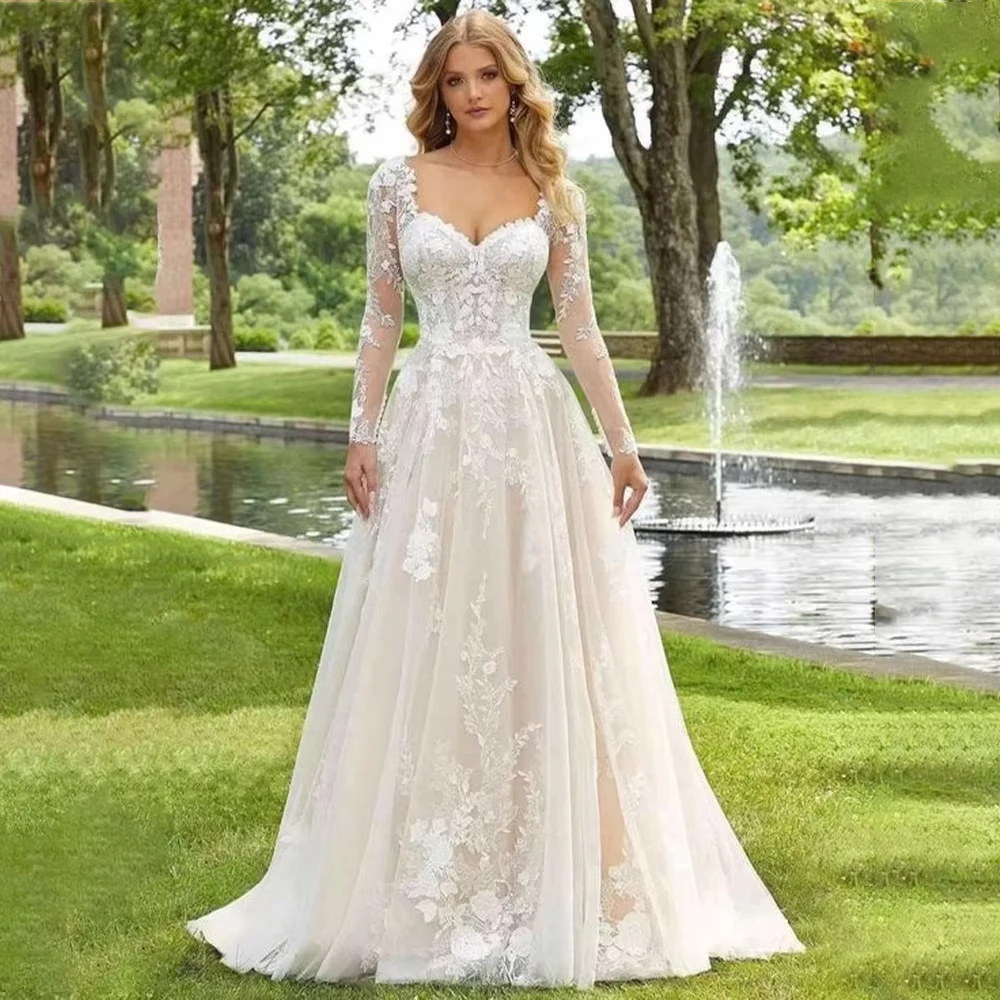 

Garden Wedding Dresses Sweetheart Long Sleeve for Women Dress Appliques Backless A-Line Bride Gown Customized vestido de noiva