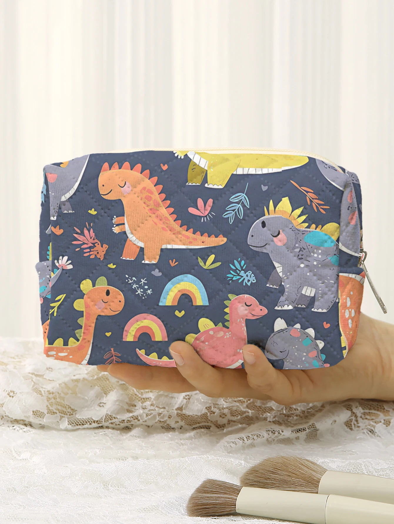 Large Quilted Cosmetic Bag Multi Color Dinosaur Rainbow Heart Floral Print Zipper Makeup Bag Kids Travel Storage Pouch