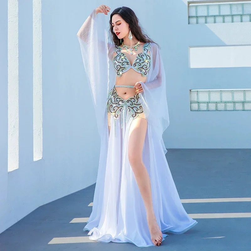 Hot Sell Luxury Handmade Belly Dance Costume 3 Piece Dancer Performance Outfit Rhinestone Bra Long Maxi Skirt Fairy Show Wear