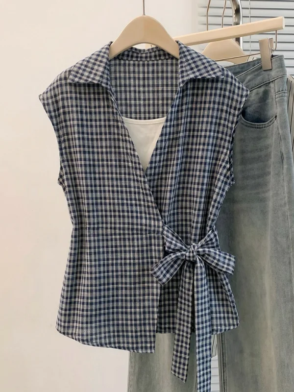 

Blue Plaid V-Neck Shirt Women's plus Size Belted Waist Top Korean Style Commute Wind Regular Sleeve Short Sleeve Shirt