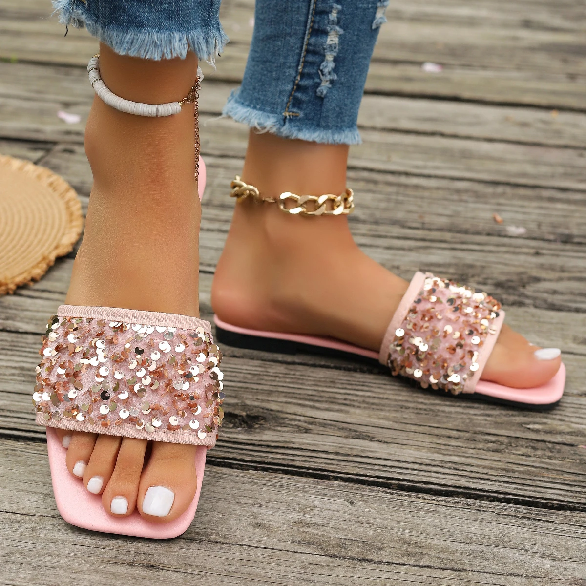 Bling Shine Slippers for Women Shoes Flat Sandals Peep Toe Crystal Ladies Casual Slides Female Beach Slippers Flat Shoes