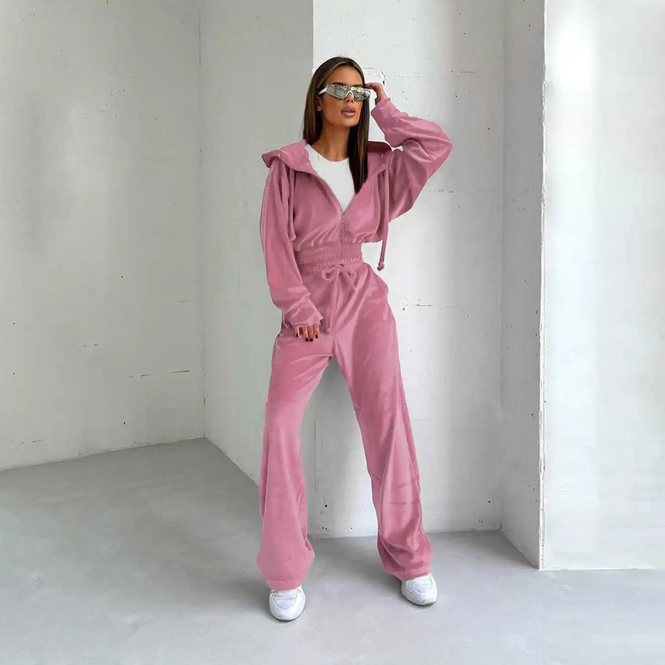 

Женский повседневный зимний костюм с капюшоном на молнии, спортивный джинт и длинные брюки, комплект из двух предметов, осенне-зимняя модная женская одежда