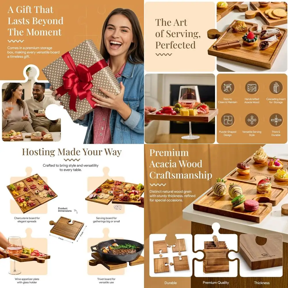 

Set of 4 Acacia Wood Charcuterie Boards with Handles and Wine Glass Holders, Interlocking Appetizer Platters for Kitchen and Ser