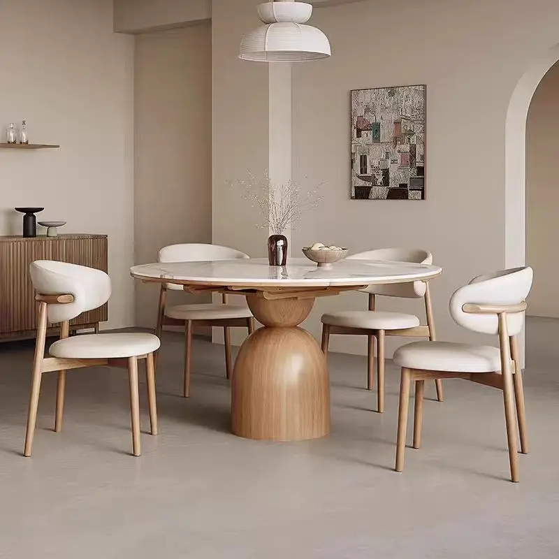 New French solid wood dining table and chair combination household small apartment retractable rock slab dining table