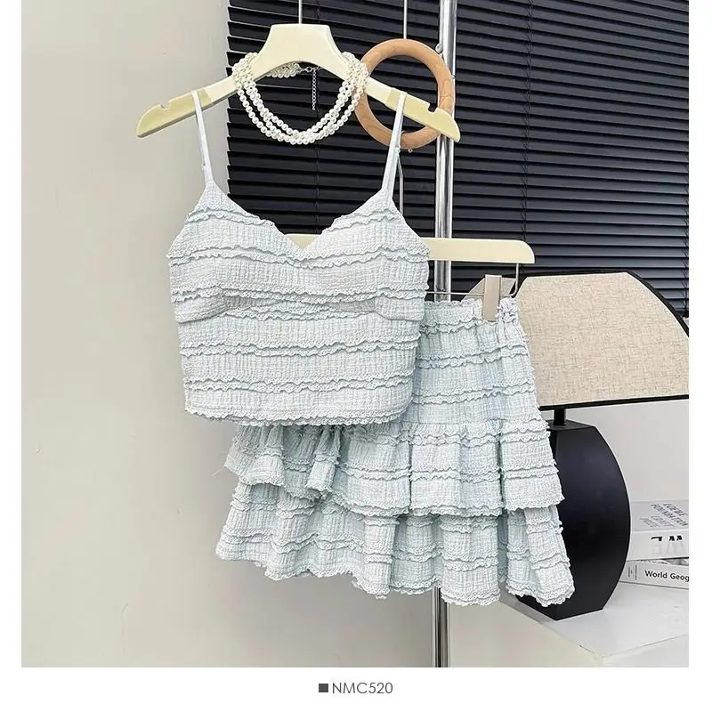 Ballet Style Fluffy Short Skirt Women's Summer Lace Suspender Vest Design, Half Skirt Pure Desire, Sweet and Spicy Two-piece Set