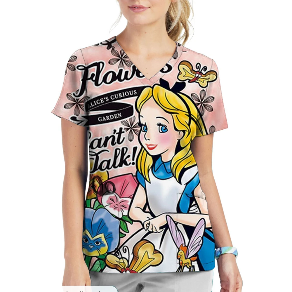 Medico Surgical Uniforms Women Short Sleeve Disney Princess print Pockets Dental Women Nurse Scrubs Beauty Therapy Medical Unifo