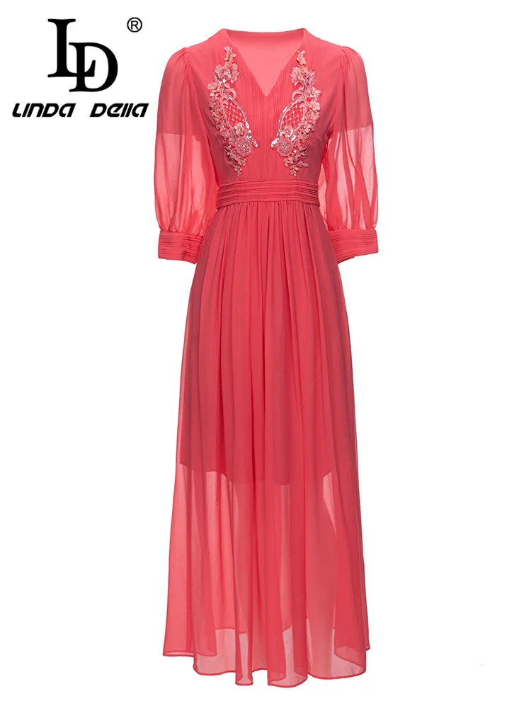 LD LINDA DELLA 2023 Summer Runway Designer Vintage Dress Women V-Neck Print Nail Bead High Waist Pleating Transparent Dress