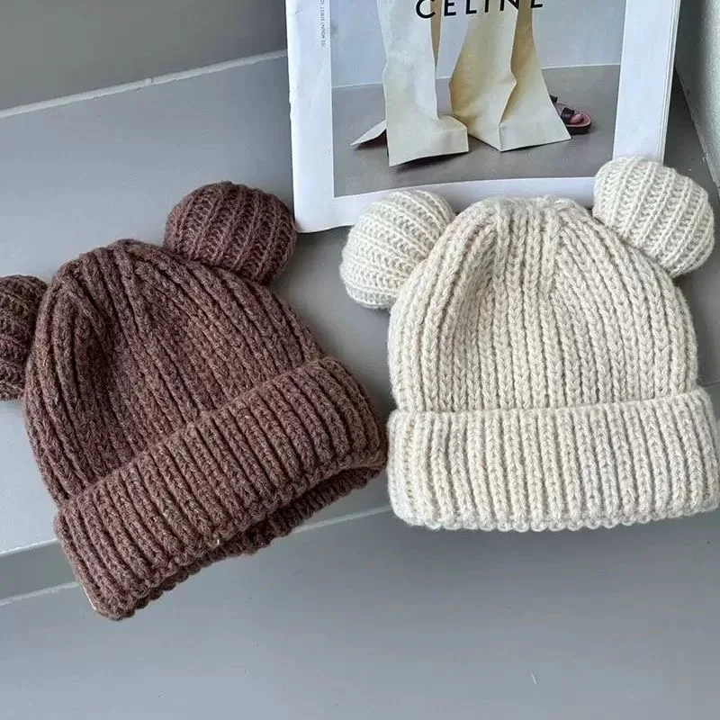 Children\'s cute bear ear knitted hat baby wool hat foreign style solid colour boys and girls pullover hat cute