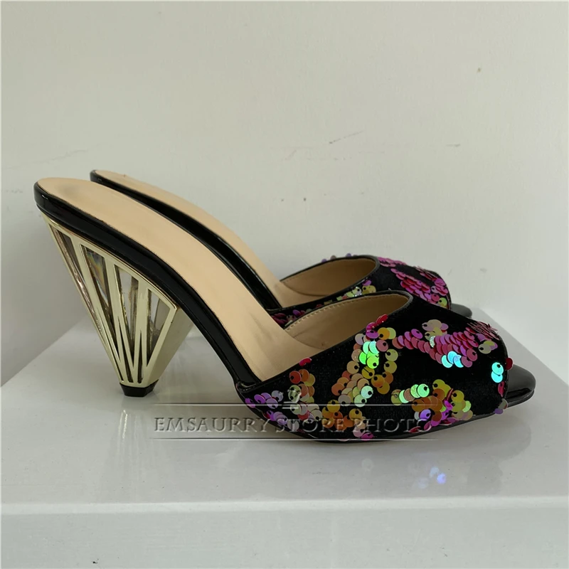 New 2024 Spring Bling Sequins Sandals Women Individual Metal Spike Heel Clear Crystal Transparent High Heel Mules Lady