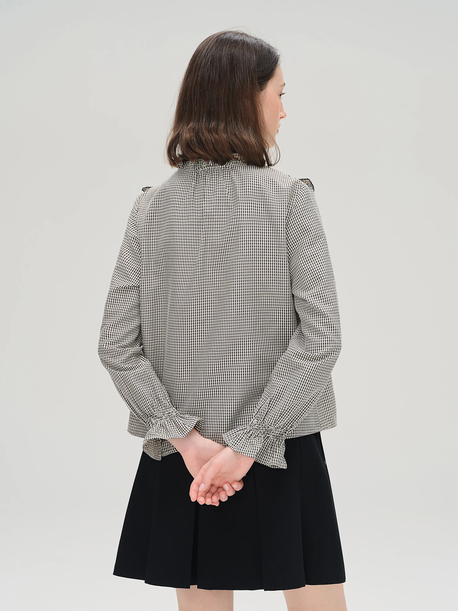 DUSHU Camicia a quadri con volant Donna che riduce l'età Abbigliamento da donna di inizio autunno 2025 Nuovo stile francese Dolce Top