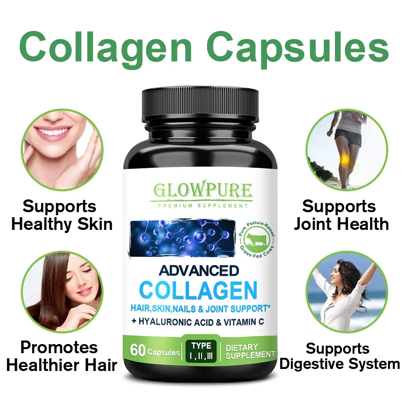 Collagen Peptides Capsules Antioxidant for Skin Anti-aging, Hair, Joint Bone Health with Hyaluronic Acid, Vitamin C Supplement