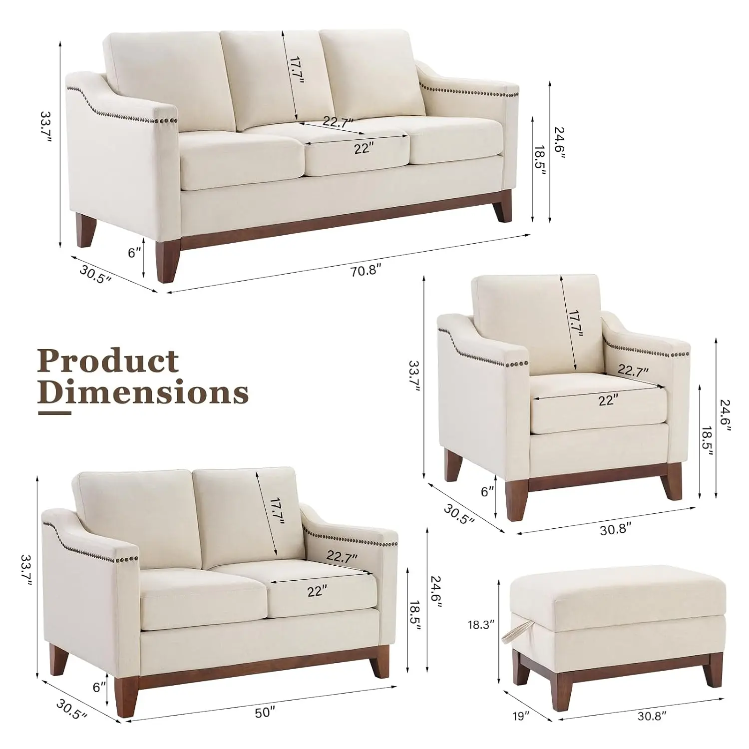 Mid Century Modern Accent Chair Beige Nailhead & Wood Legs High-Density Foam Living Room Bedroom Lounge, Customized