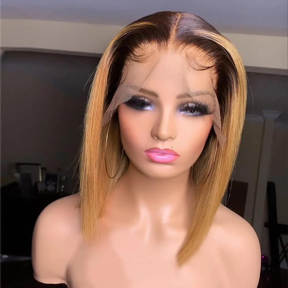 Ombre Honey Blonde T1B/27 Bob Wig Human Hair Preplucked Bob Wigs Colored 13x4 Lace Brown with Dark Roots Bob Wig image 4