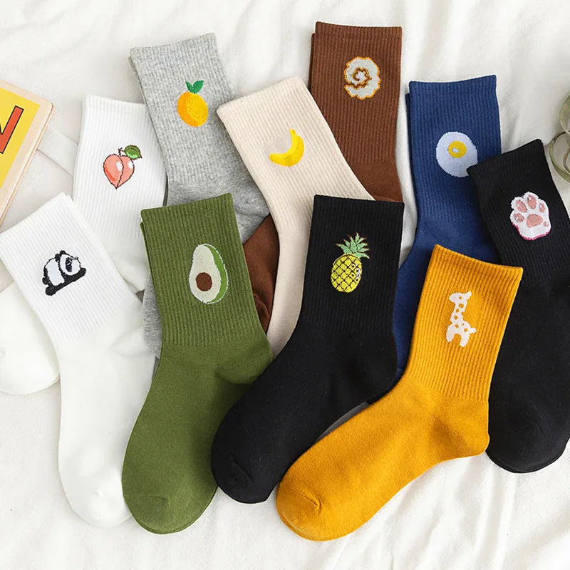 1 Paar Kawaii Damensocken, fröhliche lustige Socken, Obst, Harajuku, Bonbonfarben, mittlere Socken, lässige Crew-Socken, Damengröße 35–42, kurze Socken