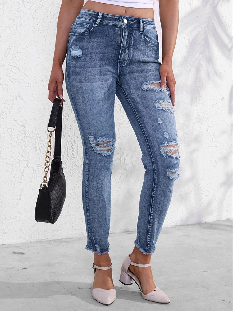 

Осенние женские рваные дизайнерские джинсы с эластичными узкими волосатыми краями, маленькие брюки, универсальные модные джинсовые брюки, уличные повседневные повседневные брюки