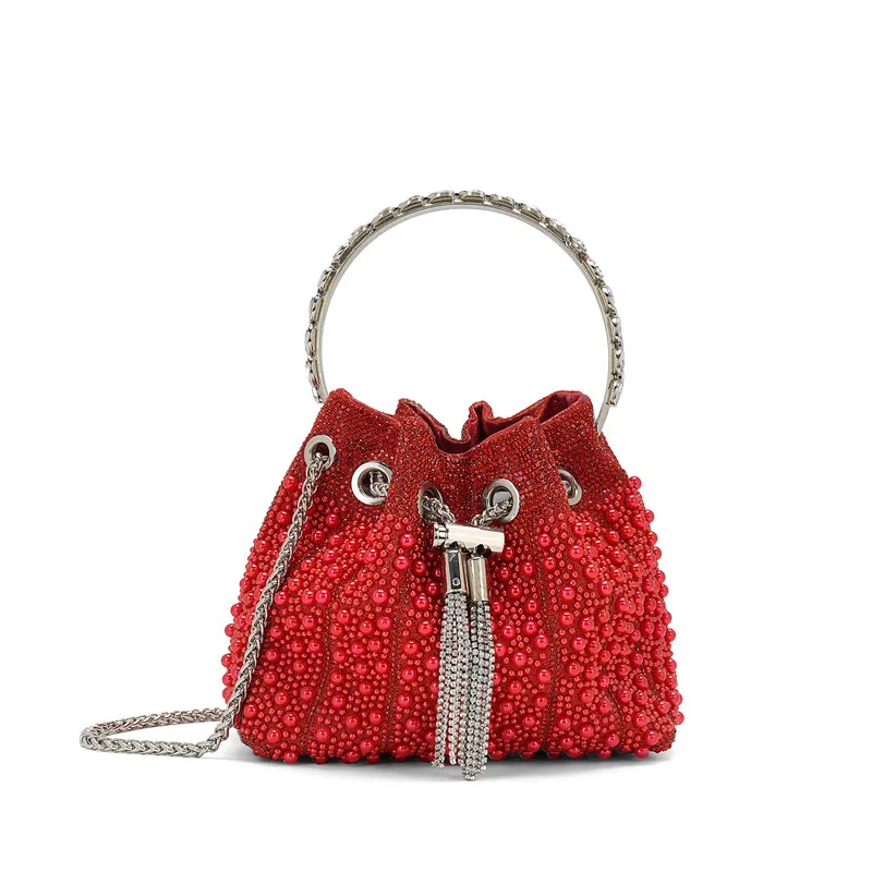 

New Design Women Full Pearl Bucket Handbag Glitter Shiny Diamond Evening Clutch Bag Luxury High-end Party Dress Crossbody Bag