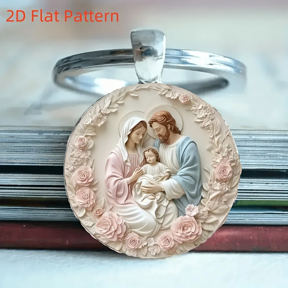 2D Flat Holy Family Keychain Favors Jesus Mary Joseph Key Ring Baptism/First Communion Souvenirs with Organza Bags & Thanks Tags view 2
