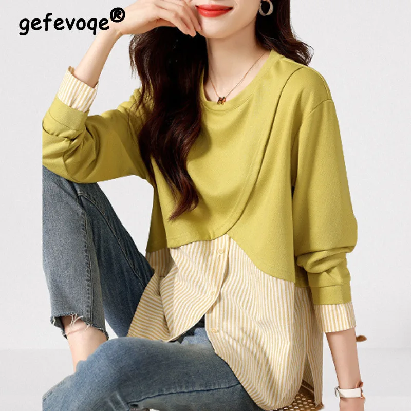 Bergaris Cetak Patchwork Elegan Chic Street Palsu 2 Buah Wanita Sweatshirt Musim Semi Musim Gugur Fashion Panjang Lengan Pakaian Wanita