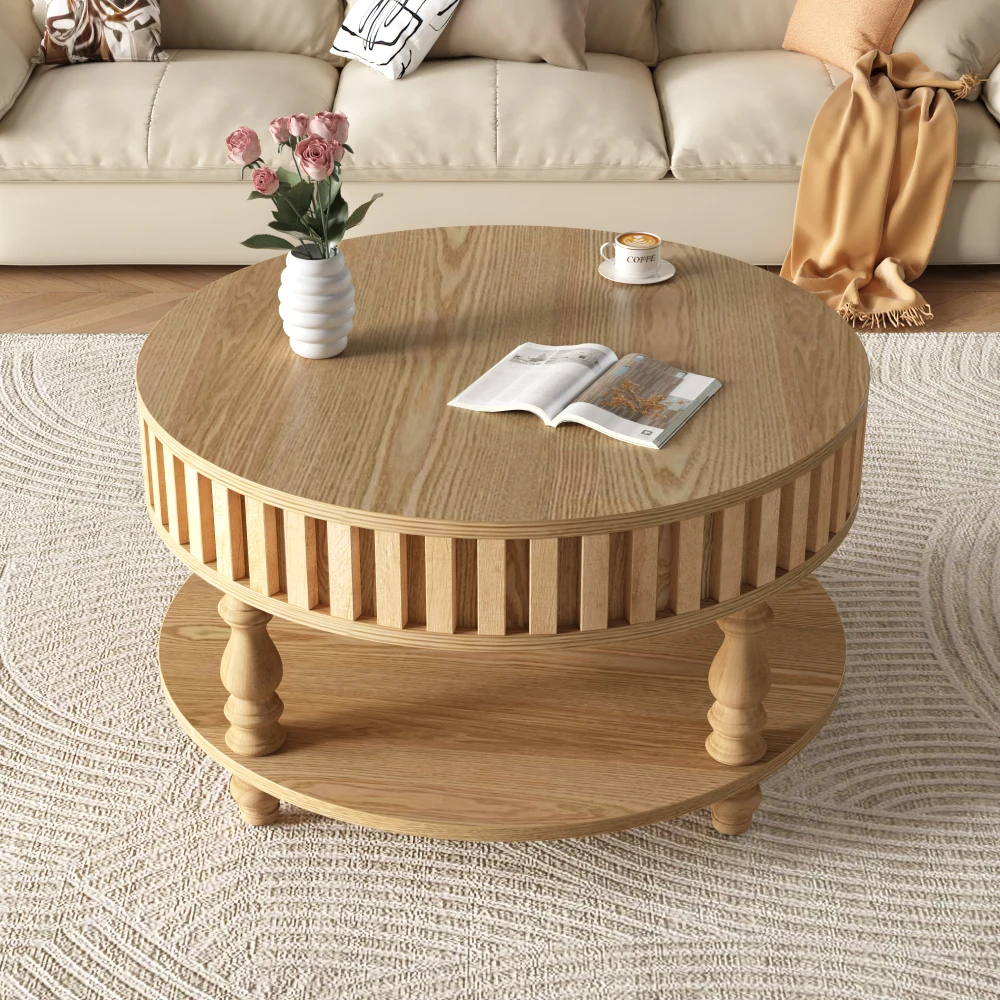 Mid Century Modern Center Table Natural Wood Finish Fluted Coffee Table with Flip-Top Lid Solid Wood Legs Coffee Table Storage