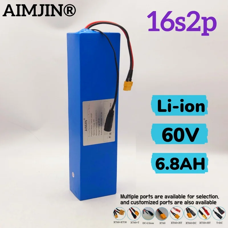 60V 16S2P 6.8Ah 18650 Rechargeable Li-ion Battery Pack 67.2V Lithium Ion 6800mAh with BMS