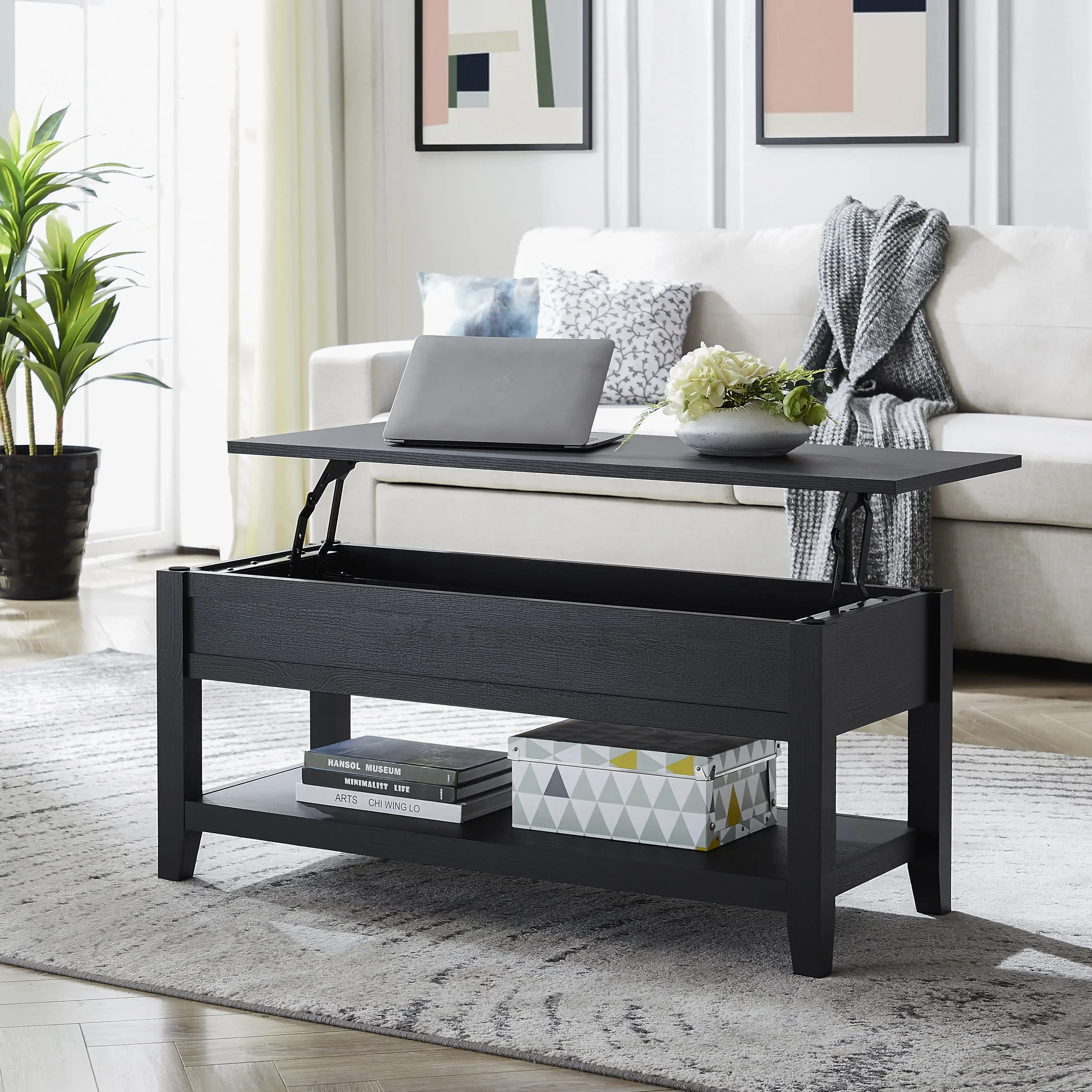 Lift Top Coffee Table with Storage Shelf, Black wood finish