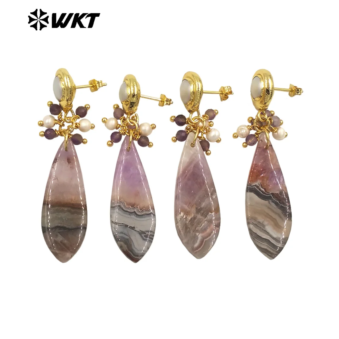 

WT-E780 Long Drop Shape Natural Amethyst And Pearl Beads Design Exquisite Retro Style Women Party Fine Jewelry