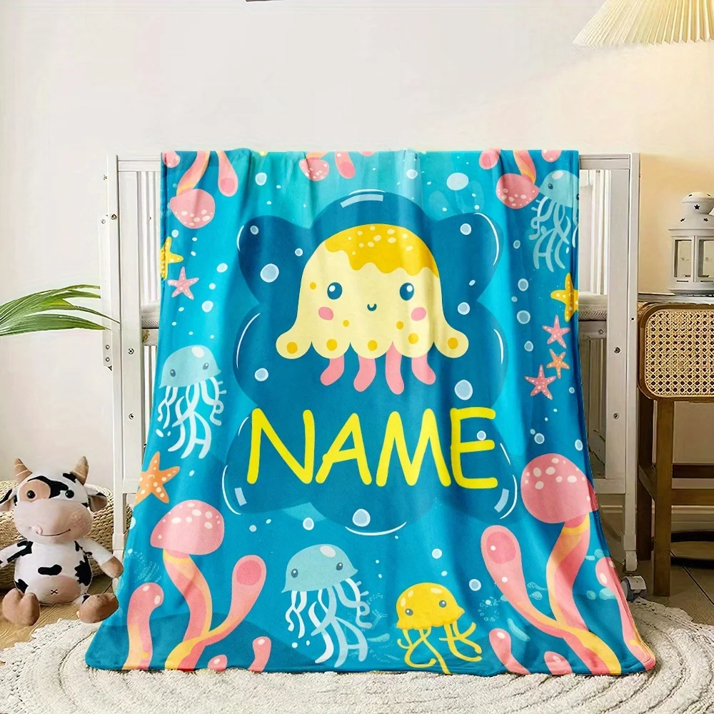 1Pc Custom Name/Text Cute Octopus Design Flannel Blanket, Soft and Comfortable,Suitable for Office, Sofa, Home, Unique Present